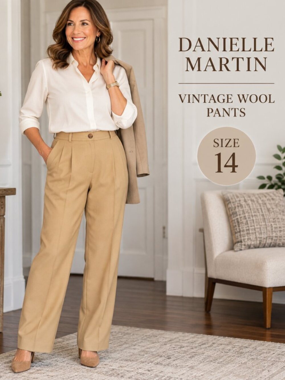 Vintage Danielle Martin Wool Pants Size 14 Tan Pleated Dress Trousers